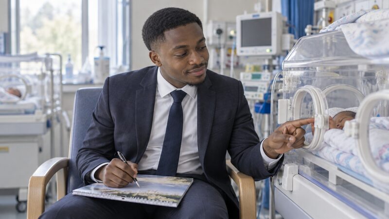 A man sits beside an incubator holding a pen over a calendar on his lap.