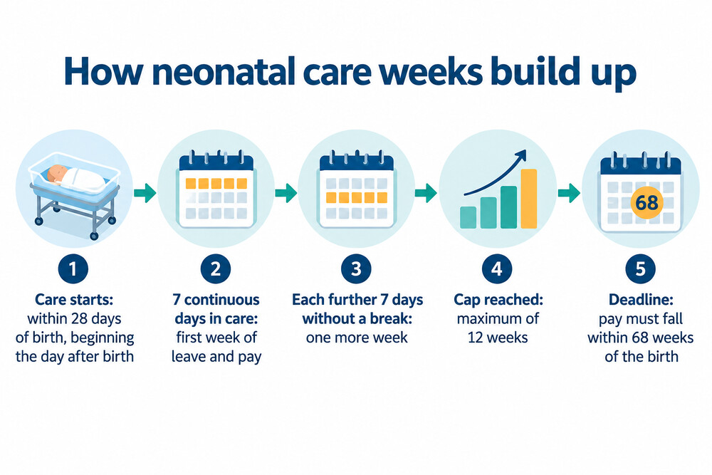 How weeks of neonatal care leave and pay build up while a baby is in hospital