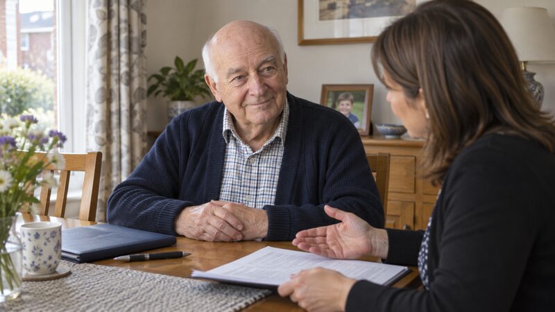 An older man sits at a dining table while a health professional talks him through paperwork.