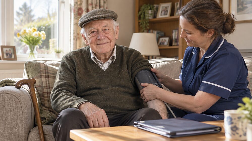 An elderly man sits on a sofa while a nurse checks his blood pressure, a folder of paperwork on the table.