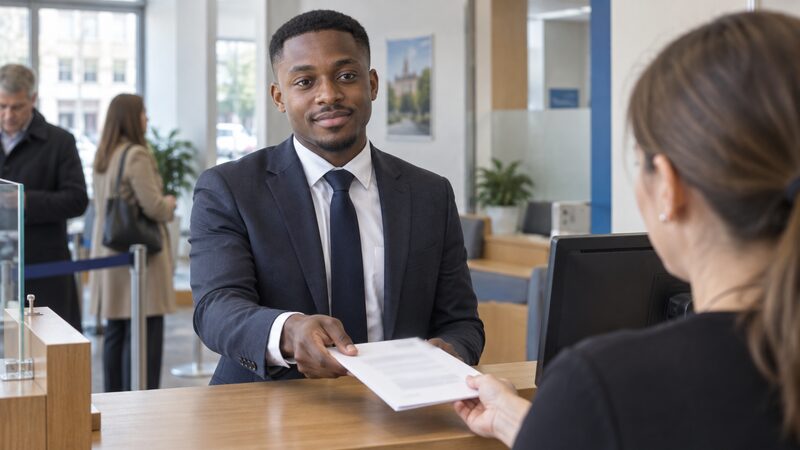A young man stands at a bank counter passing documents to a teller.