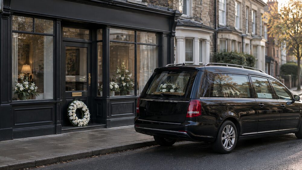 A funeral director's shopfront with a white wreath on the door and a hearse parked at the kerb.