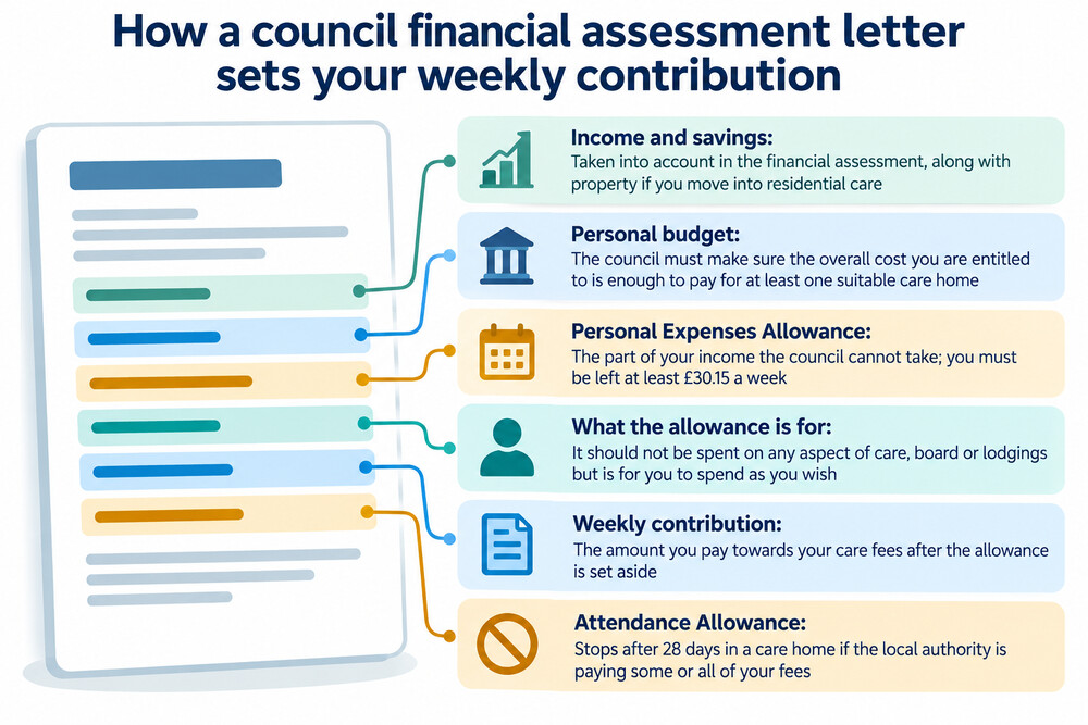 A council financial assessment letter showing income, the personal expenses allowance deducted, and the weekly contribution to care fees