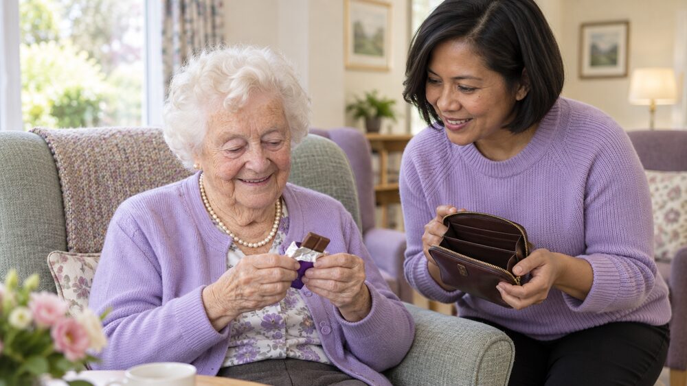 An older woman in a care home lounge unwraps a chocolate bar while a younger woman holds an open purse.