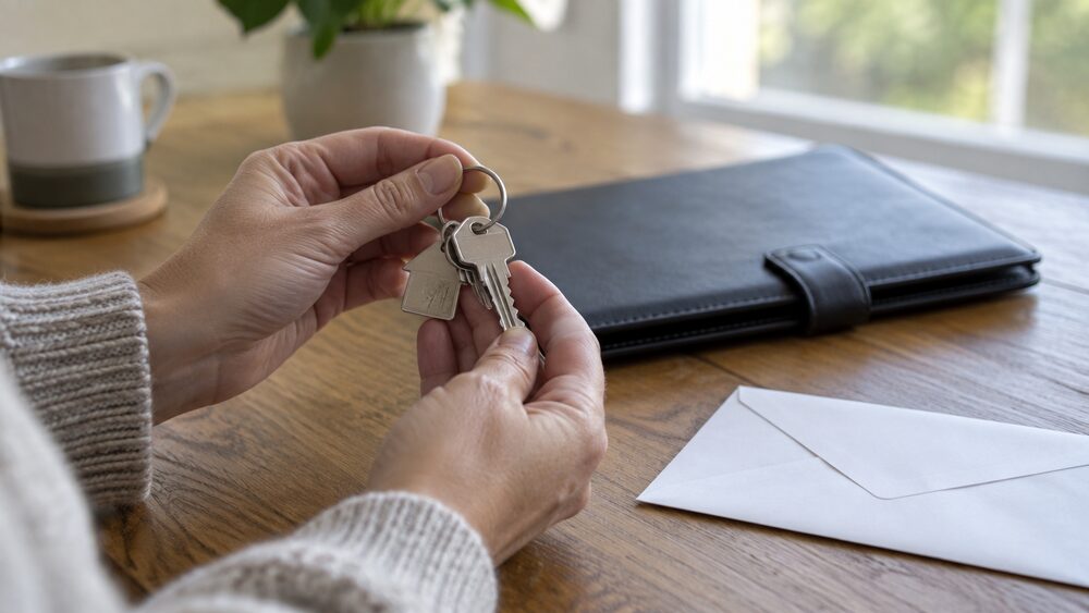 Hands hold house keys above a table with a document wallet and sealed envelope.