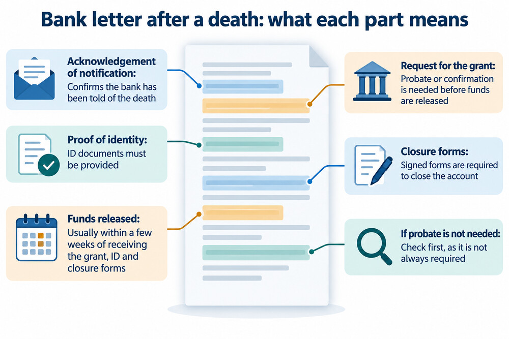 A letter from a bank acknowledging notification of a death and asking for the grant