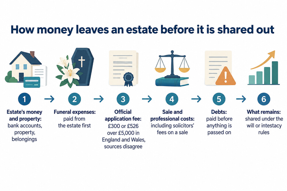 A breakdown of an estate showing funeral costs, official fees and professional charges coming off the top before beneficiaries receive their shares