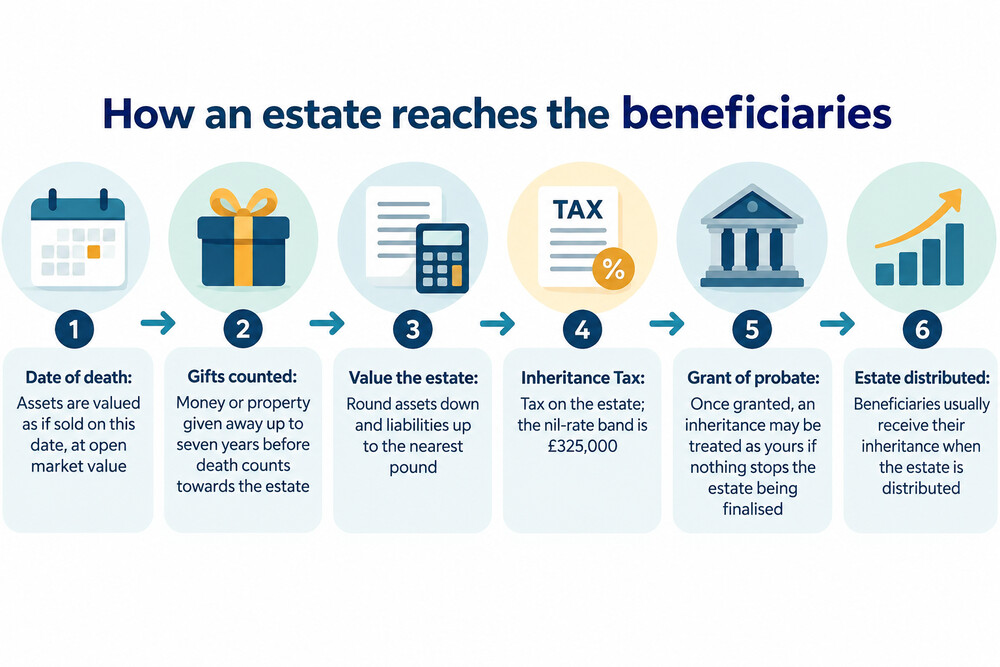 A timeline showing an estate passing from the person who died, through valuation, tax and probate, to the beneficiary receiving their inheritance