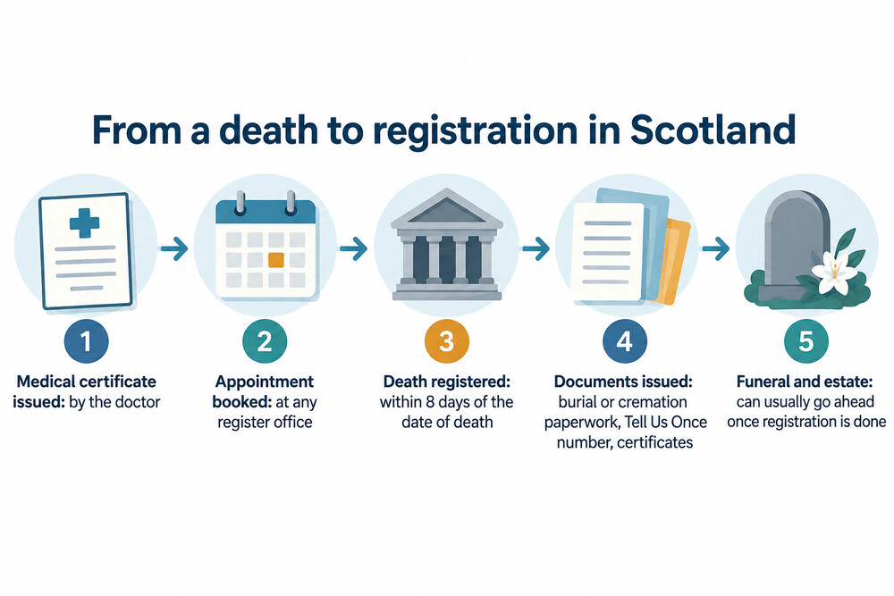 A sequence showing the steps from death to certificates in Scotland