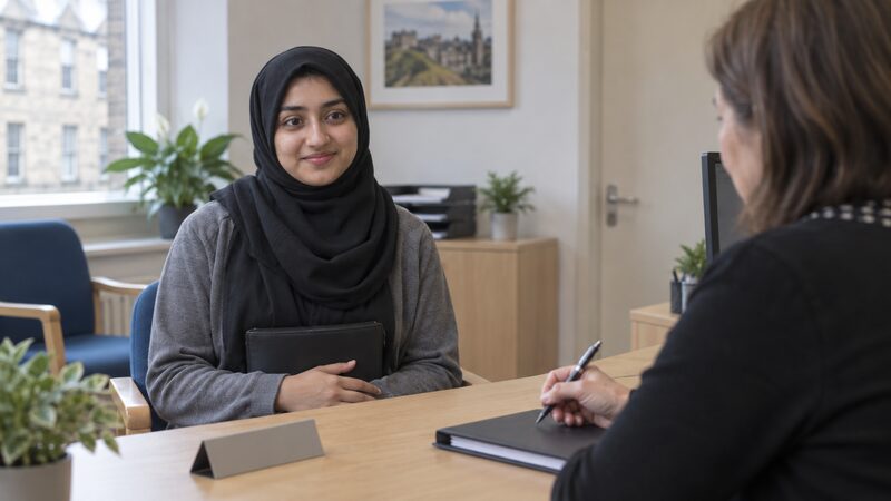 A young woman sits at a desk opposite a registrar who holds a pen over a folder.