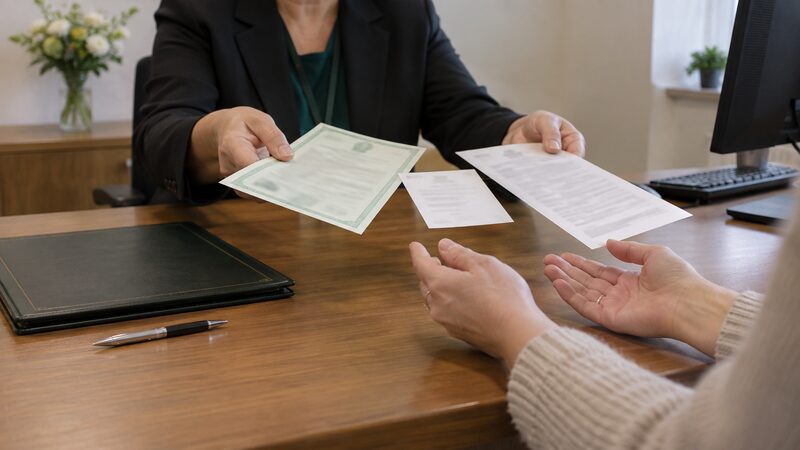 Hands pass three papers, one green, across a wooden desk in a register office.
