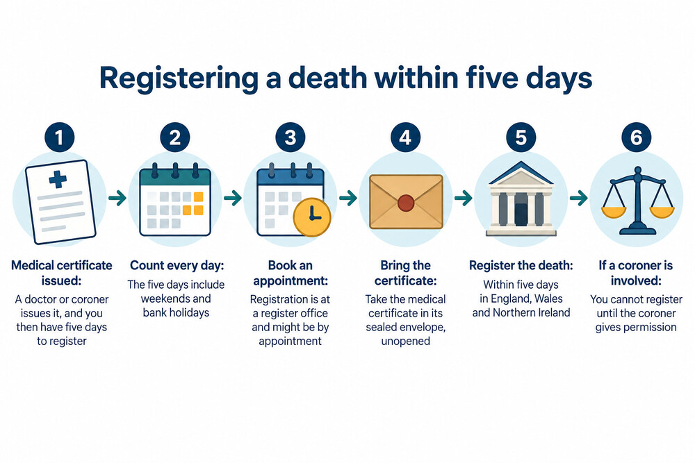 A calendar page with the first five days after a death marked, showing the registration deadline
