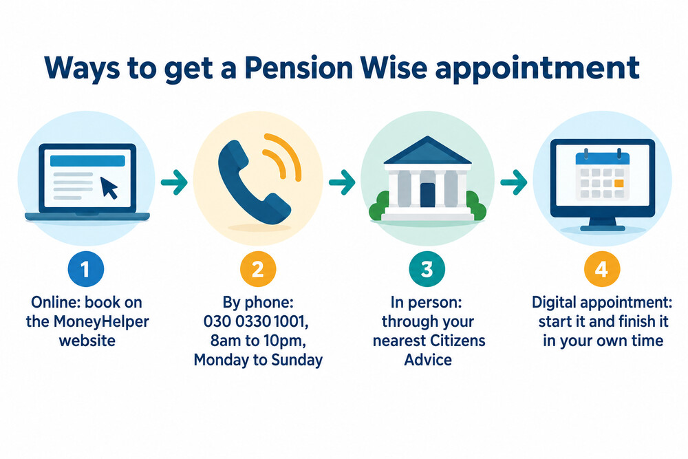 A flow chart showing the ways to book a Pension Wise appointment