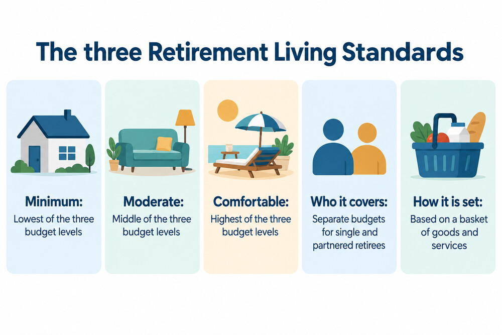 Illustration comparing what minimum, moderate and comfortable retirement budgets cover, from essentials to regular holidays and leisure spending