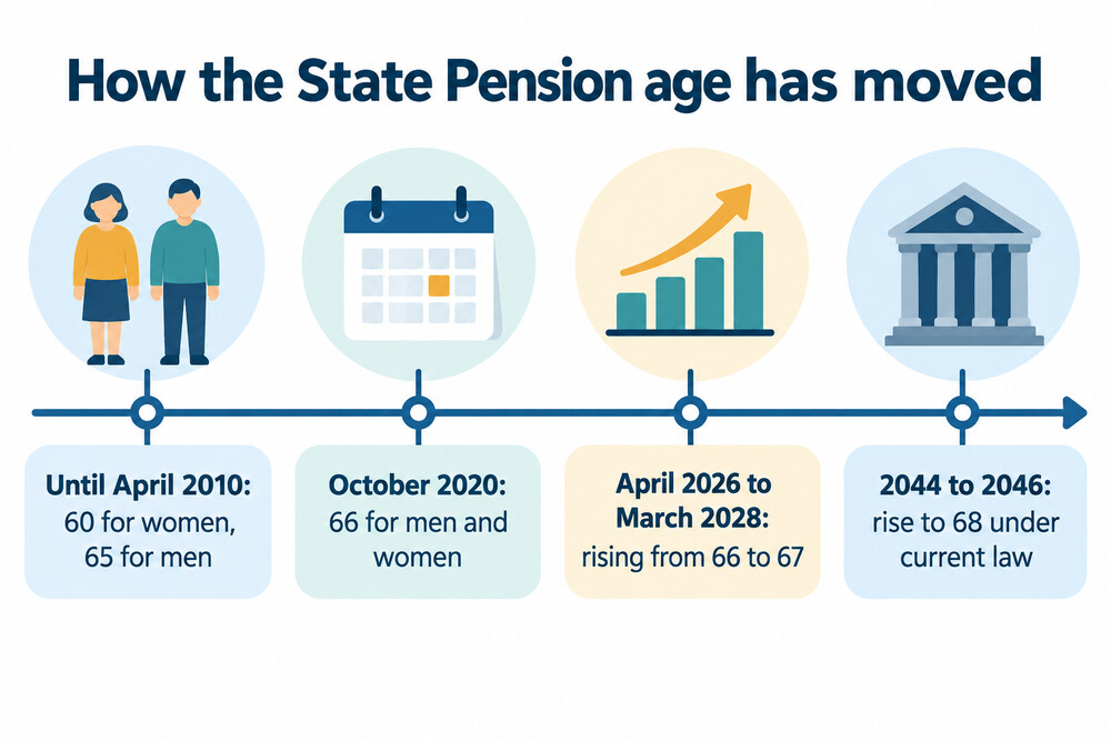 A timeline showing the State Pension age moving from 60 and 65 towards 68