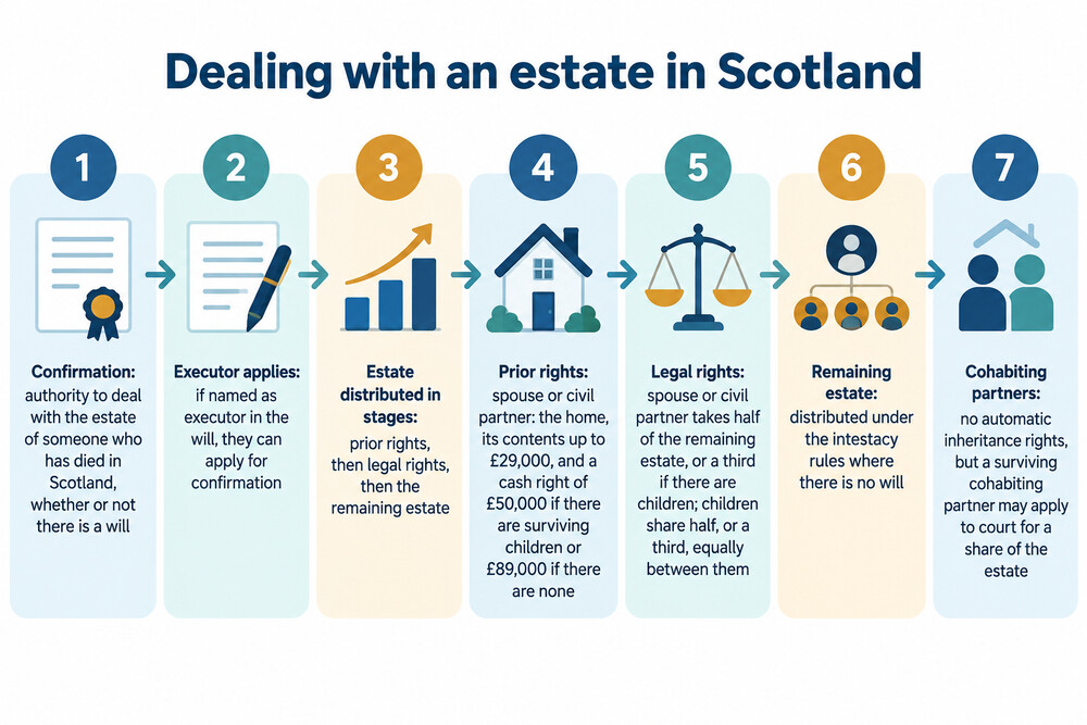 A diagram showing the process for dealing with an estate in Scotland