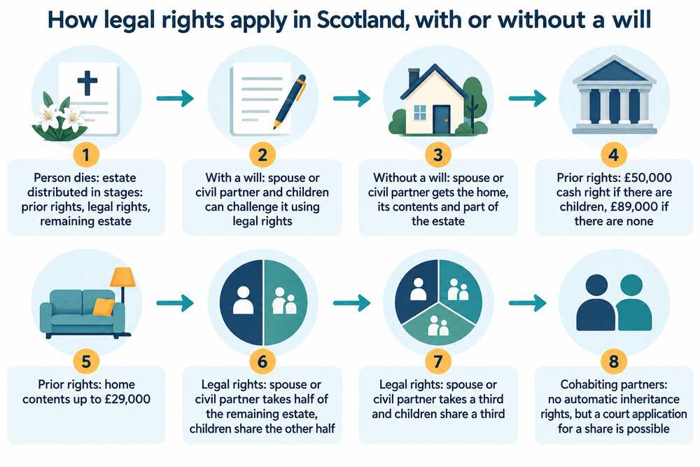 A diagram showing how legal rights apply whether or not there is a will