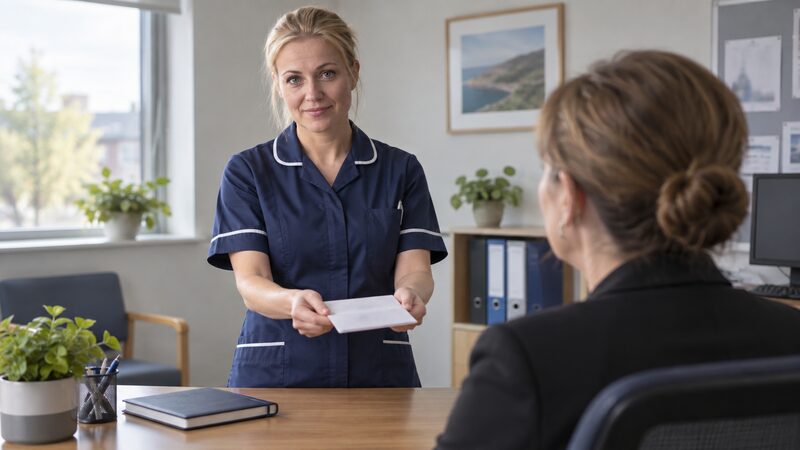 A nurse in uniform stands in an office handing a folded paper notice to her seated manager.