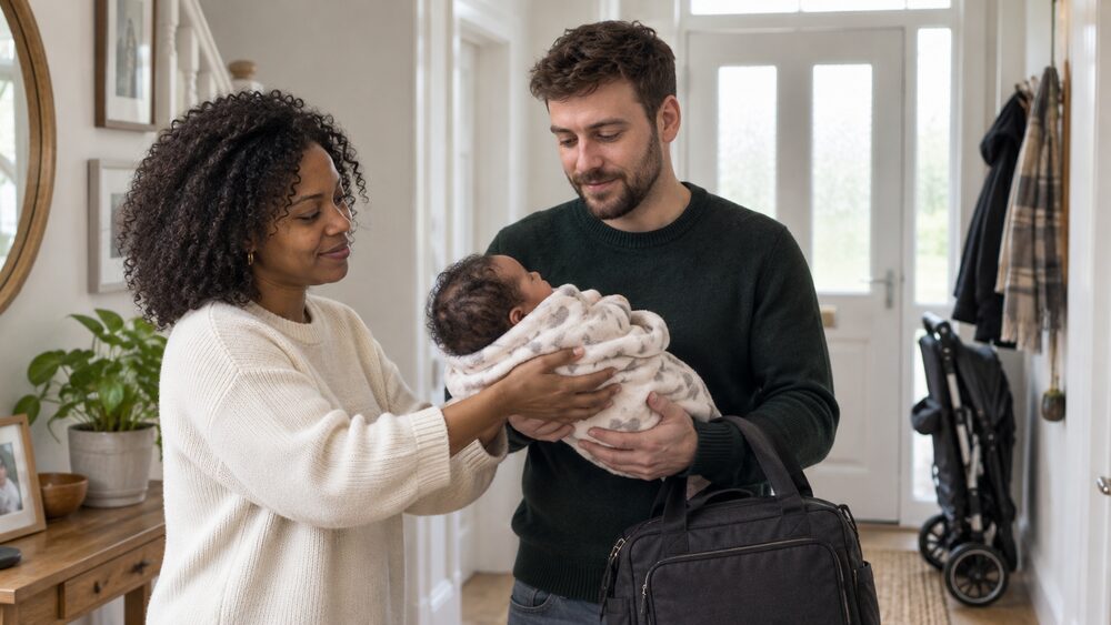 A woman hands a baby to a man in a home hallway while he holds a small packed bag.
