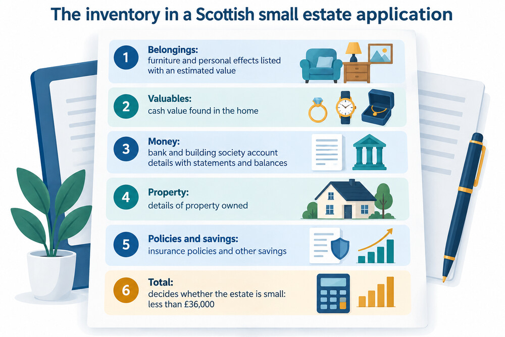 A page from a Scottish confirmation application showing the inventory of an estate