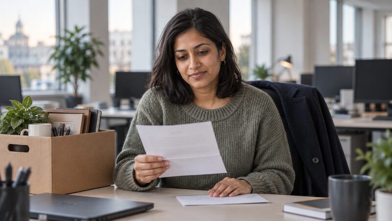 A woman sits at her office desk reading a letter beside a small box of belongings.