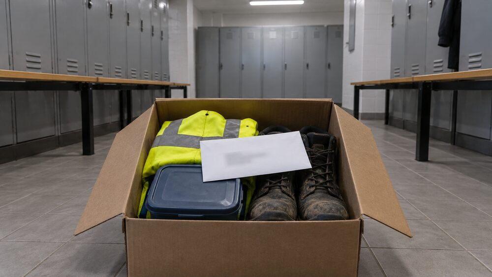 An open cardboard box on a locker room floor holds a hi-vis jacket, lunchbox, boots and a sealed payslip.