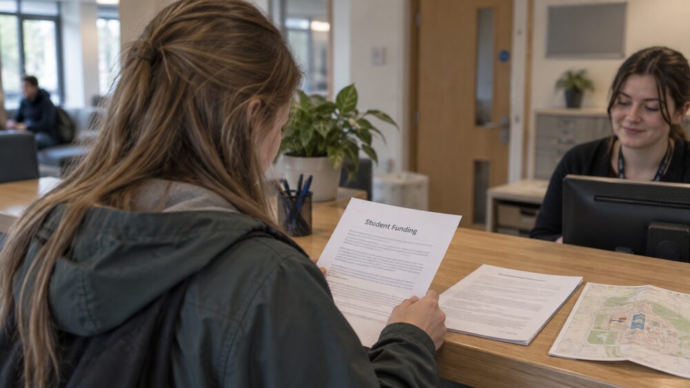 A student in a rain jacket holds a bank card at a freshers' fair stall on a university campus.