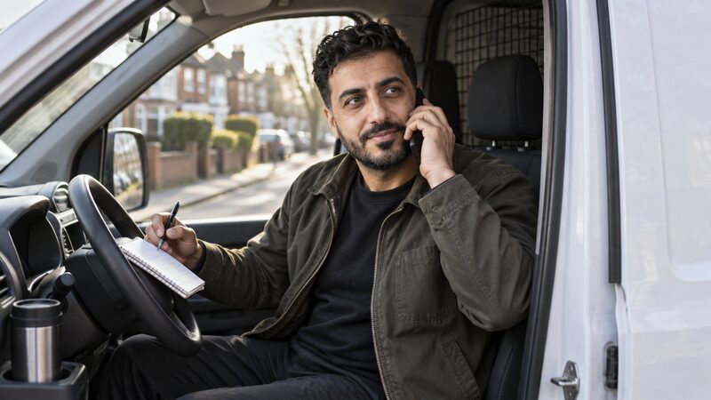 A man sits in the open driver's seat of a parked van holding a phone to his ear.