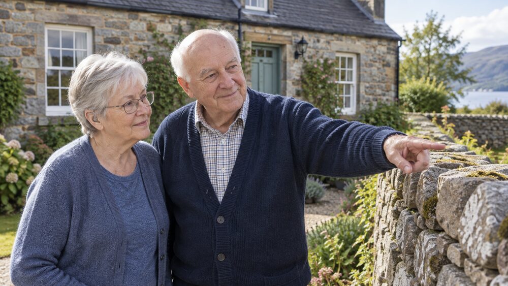 An elderly couple stand in the garden of their stone cottage, one pointing along the garden wall.