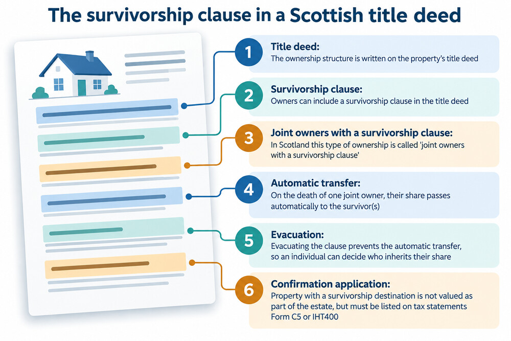 A Scottish property title deed with the survivorship clause wording highlighted