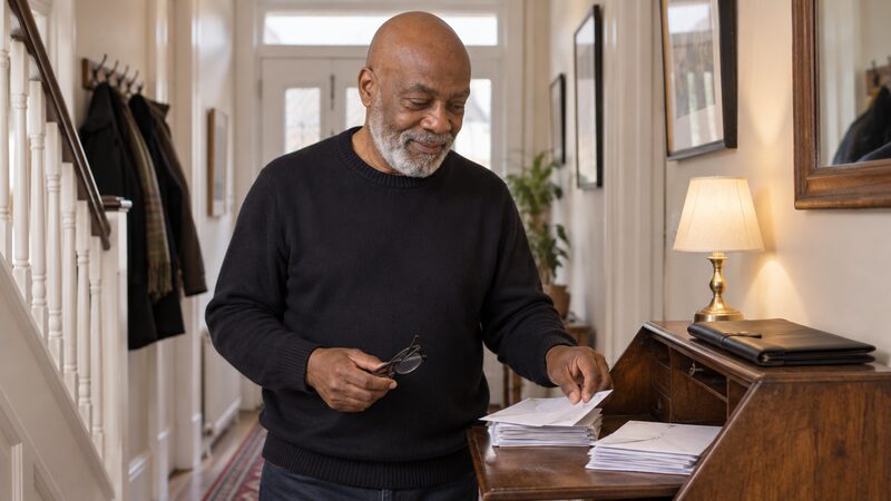An older man stands at a writing bureau in a hallway sorting opened envelopes into two piles.