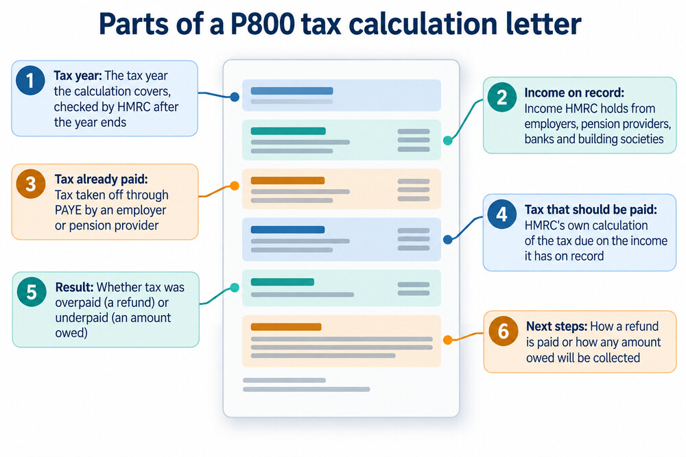An example P800 tax calculation letter showing income, tax paid and any amount owed or refunded