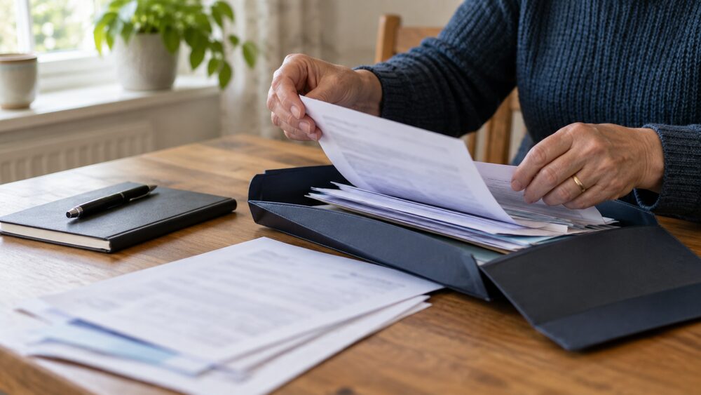 Hands sort blurred paper records into an open document wallet on a wooden desk.