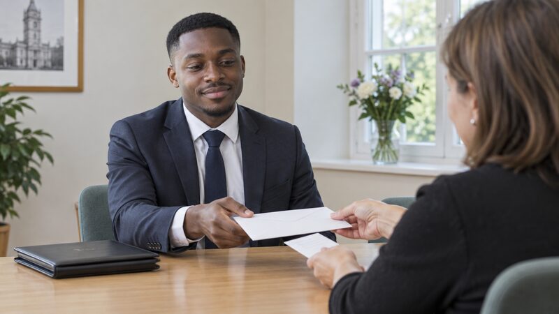 A young man sits at a table as a registrar passes him a closed envelope and a small slip.