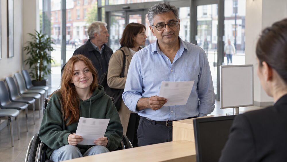 Two people queue at a civic centre reception desk, each holding a slim blurred letter.