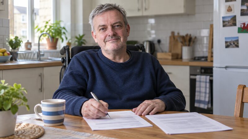 A man in a wheelchair sits at a kitchen table with a claim form and a doctor's letter.