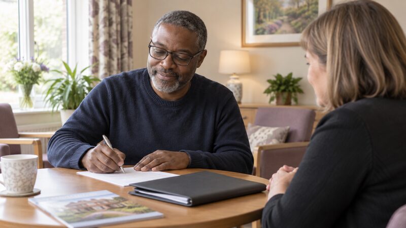 A man with glasses signs a printed contract at a table opposite a council officer.