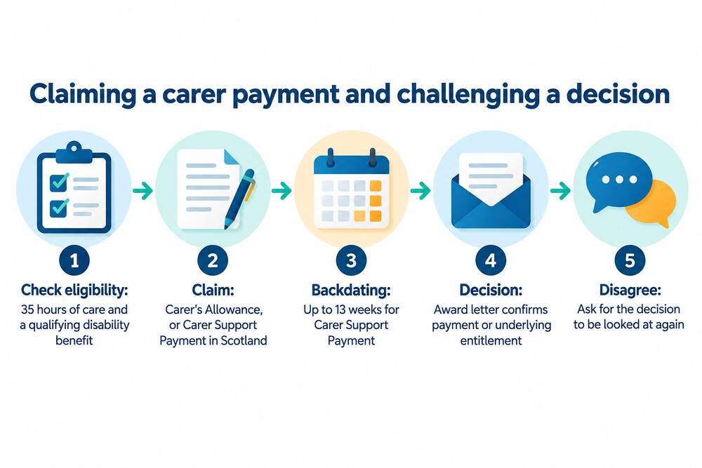 A flow diagram of how to claim a carer payment and challenge a decision
