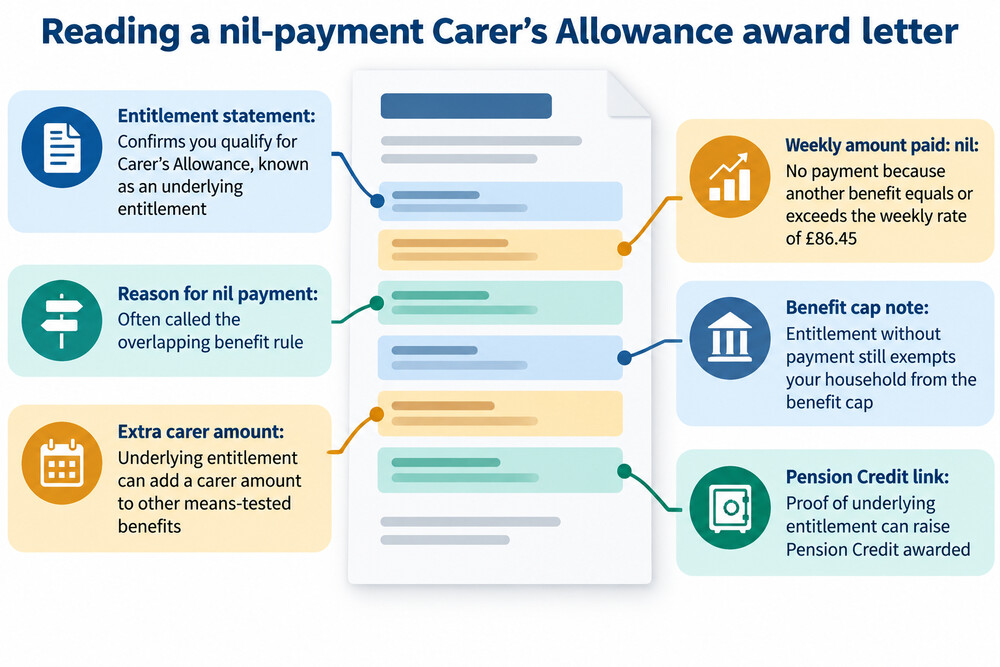 A carer holding an official award notice letter showing a nil payment, with underlying entitlement explained