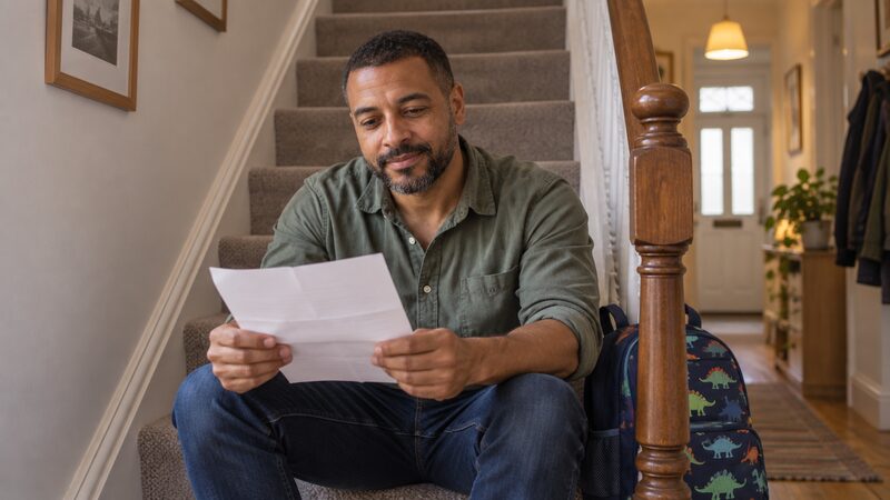 A man sits on the stairs of a terraced home reading a letter beside a child's school bag.