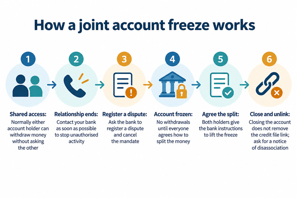 A joint bank account frozen after a separation, showing the account blocked and both holders needing to agree before money can move
