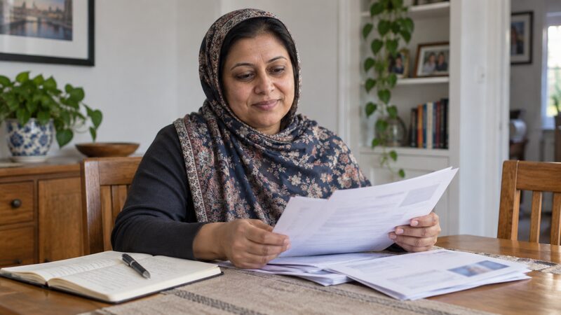 A woman sits at a dining table sorting bank statements and a valuation letter beside a notebook.