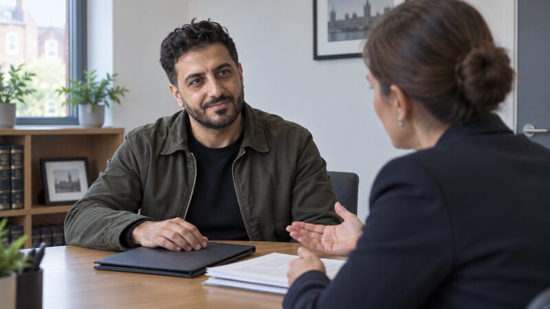 A man sits at a table opposite a solicitor with a closed folder and papers between them.