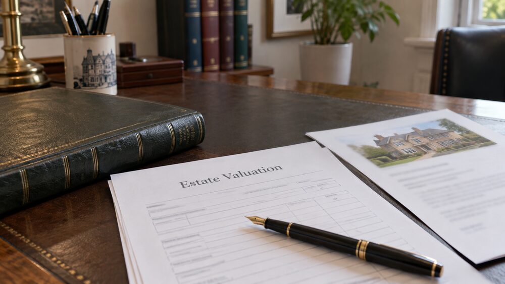 An empty valuation room with a folder, tape measure and glasses on a table, terraced houses outside.
