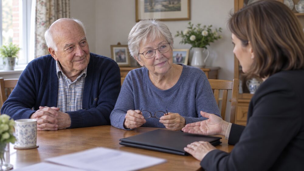 An older couple sit at their dining table while a solicitor opposite explains, gesturing to a folder.