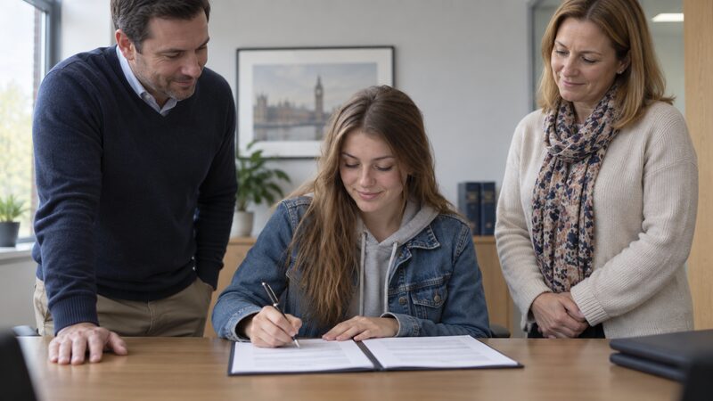 A young woman signs a printed will at a table while two adult witnesses stand watching.