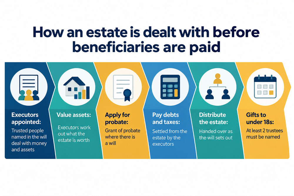 A diagram showing tax being deducted from an estate before gifts reach the beneficiaries