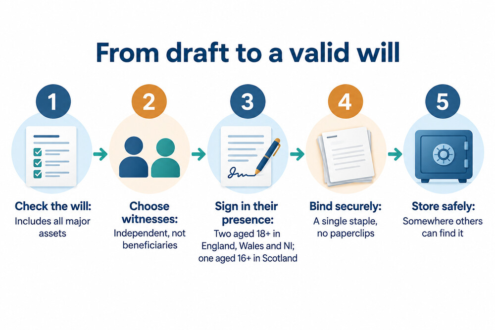 The steps from a finished will to a valid, stored will