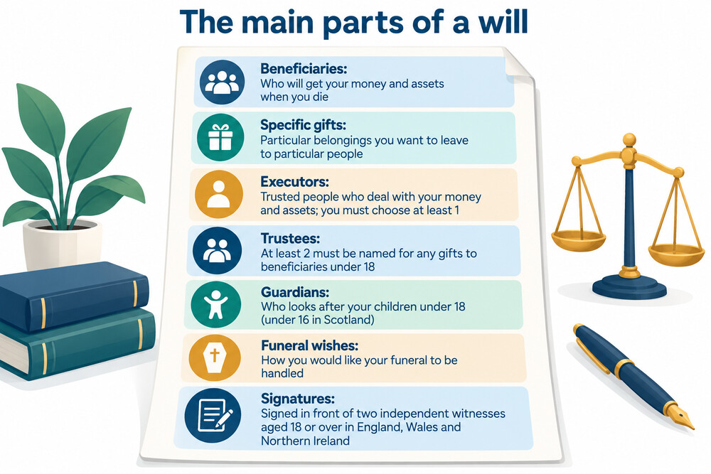A diagram of a will document with its main parts labelled: gifts, executors, guardians and signatures