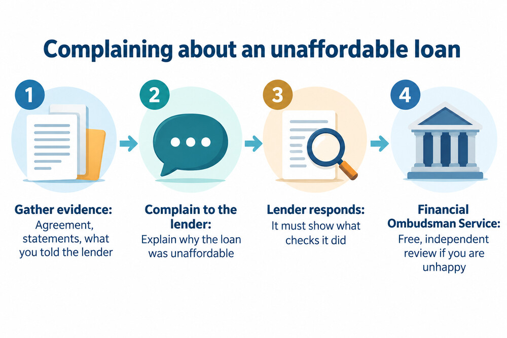 The steps in an unaffordable lending complaint, from the lender to the ombudsman